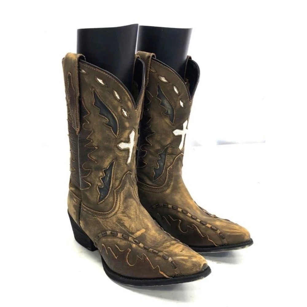 Dan Post DPC‑3121 Distressed Brown Embroidered Cross Inlay Western Boots 4.5Y